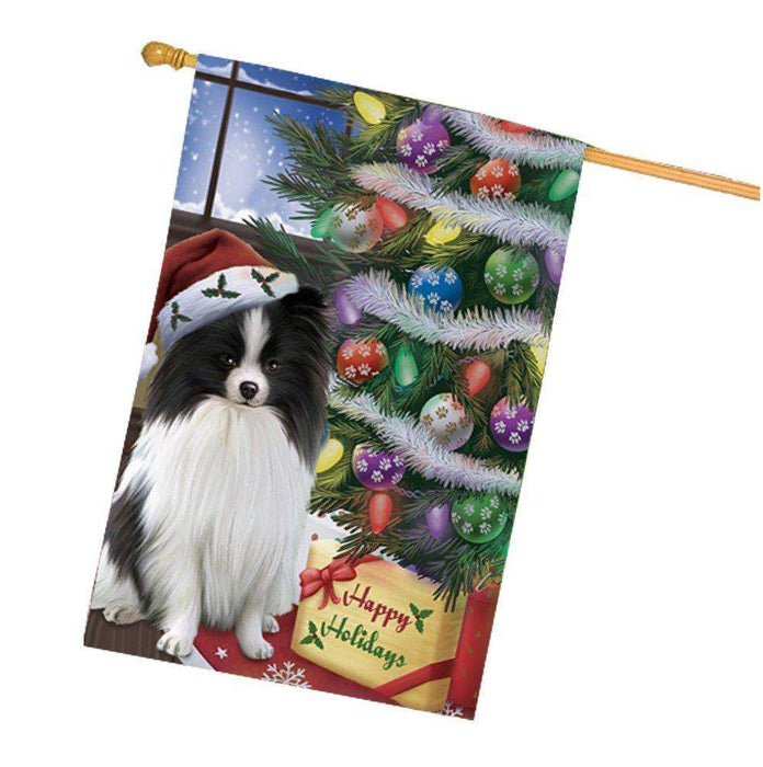 Christmas Happy Holidays Pomeranians Dog with Tree and Presents House Flag