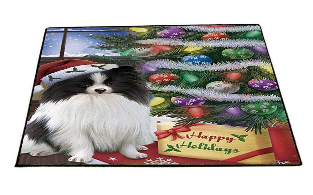 Christmas Happy Holidays Pomeranians Dog with Tree and Presents Indoor/Outdoor Floormat