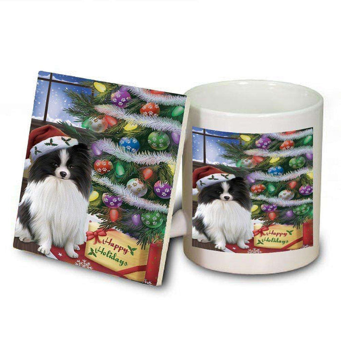 Christmas Happy Holidays Pomeranians Dog with Tree and Presents Mug and Coaster Set