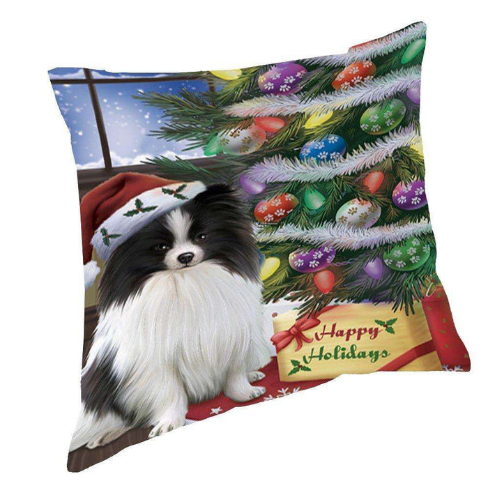 Christmas Happy Holidays Pomeranians Dog with Tree and Presents Throw Pillow