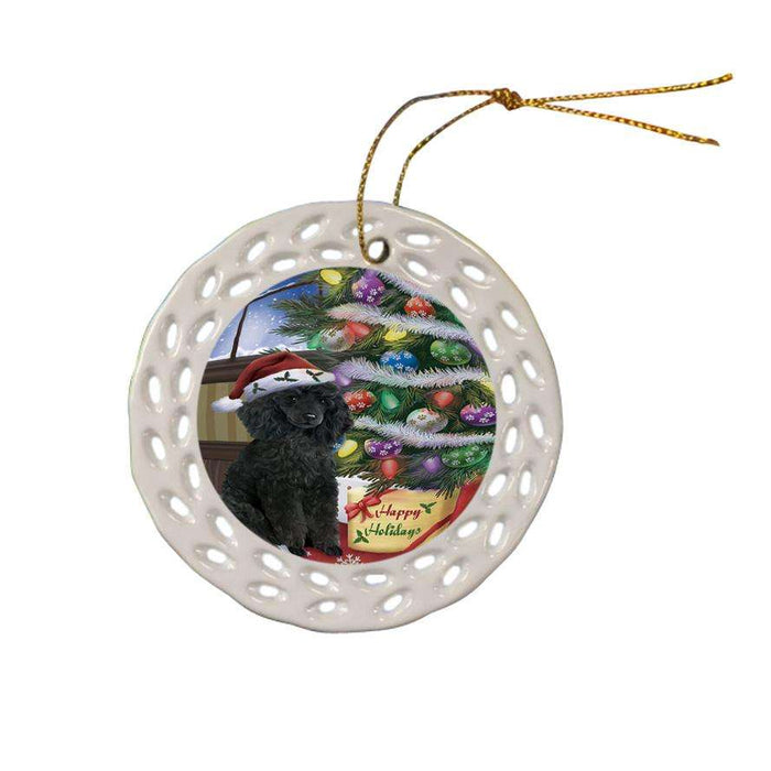 Christmas Happy Holidays Poodle Dog with Tree and Presents Ceramic Doily Ornament DPOR53851