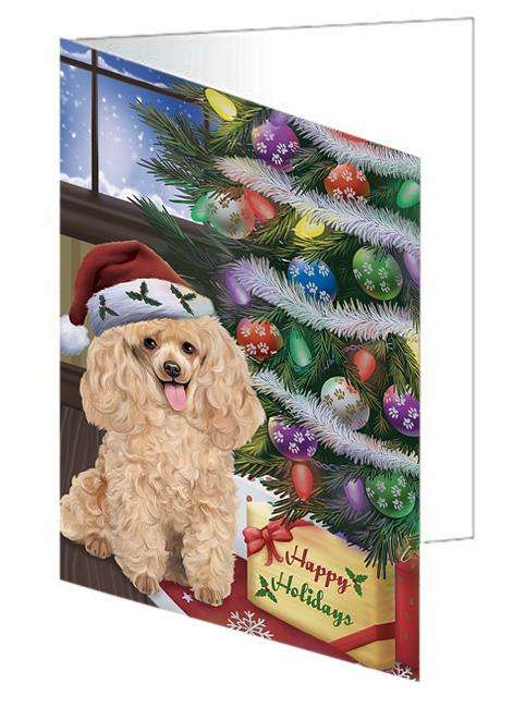 Christmas Happy Holidays Poodle Dog with Tree and Presents Handmade Artwork Assorted Pets Greeting Cards and Note Cards with Envelopes for All Occasions and Holiday Seasons GCD65576