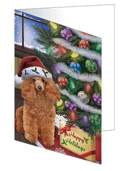 Christmas Happy Holidays Poodle Dog with Tree and Presents Handmade Artwork Assorted Pets Greeting Cards and Note Cards with Envelopes for All Occasions and Holiday Seasons GCD65579