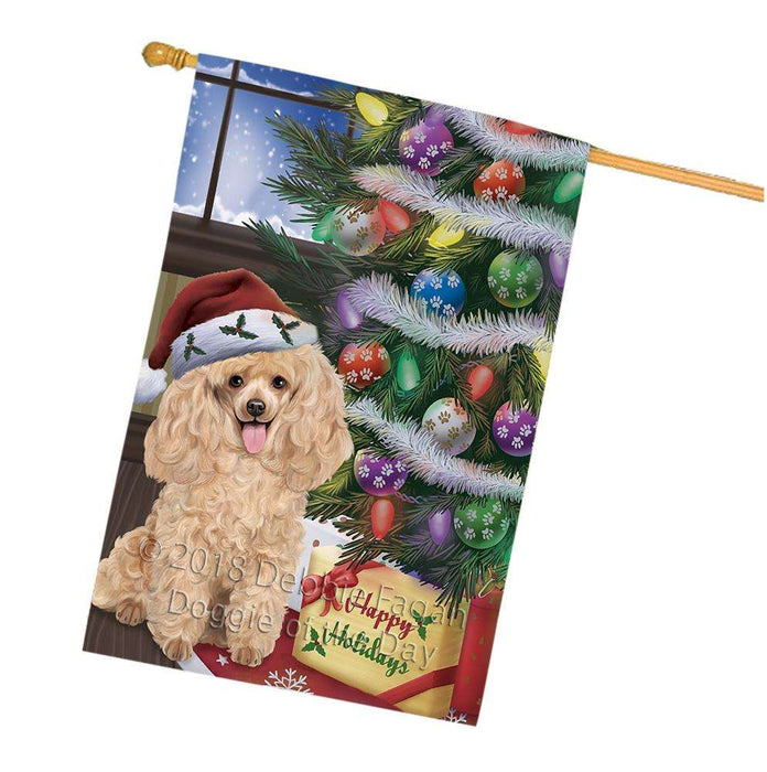 Christmas Happy Holidays Poodle Dog with Tree and Presents House Flag FLG54047