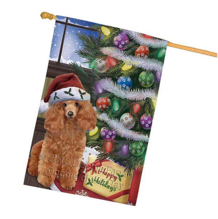 Christmas Happy Holidays Poodle Dog with Tree and Presents House Flag FLG54048