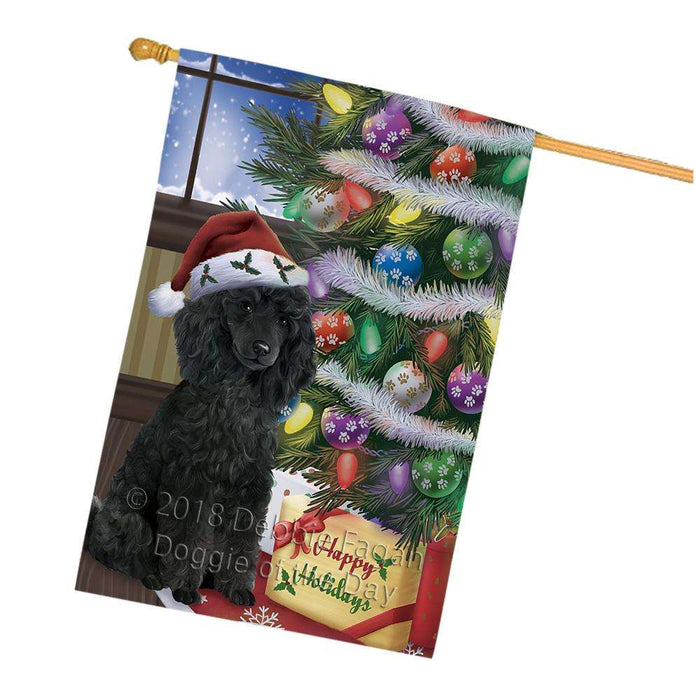 Christmas Happy Holidays Poodle Dog with Tree and Presents House Flag FLG54049