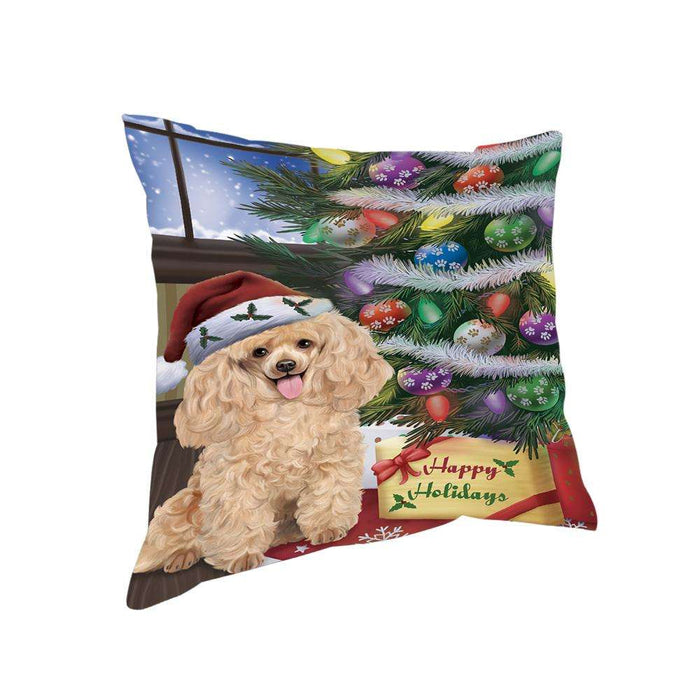 Christmas Happy Holidays Poodle Dog with Tree and Presents Pillow PIL72020