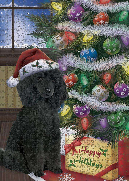 Christmas Happy Holidays Poodle Dog with Tree and Presents Puzzle with Photo Tin PUZL82560