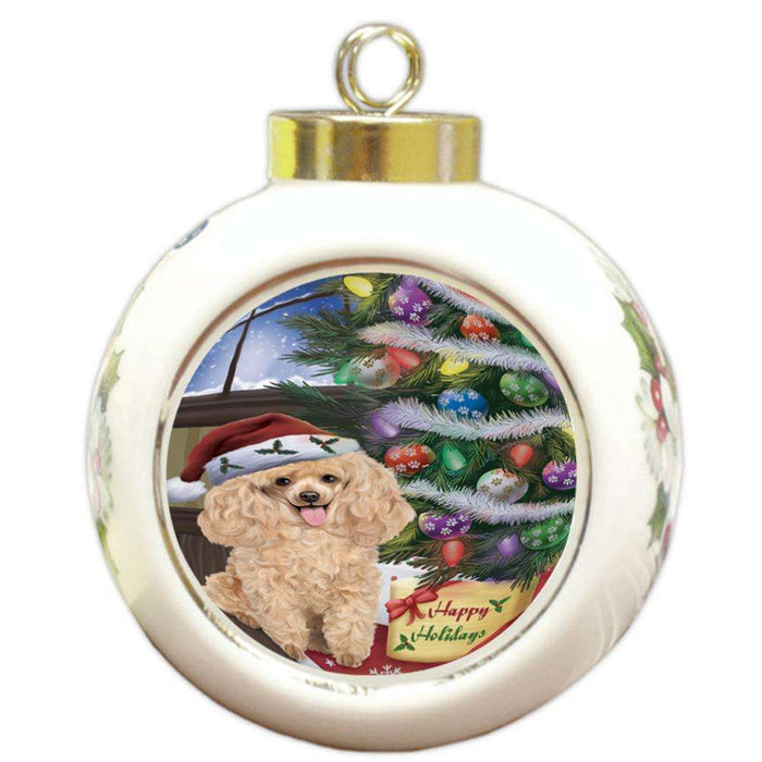 Christmas Happy Holidays Poodle Dog with Tree and Presents Round Ball Christmas Ornament RBPOR53849