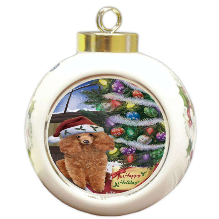 Christmas Happy Holidays Poodle Dog with Tree and Presents Round Ball Christmas Ornament RBPOR53850