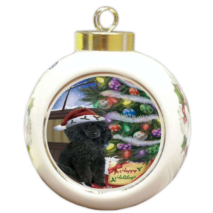 Christmas Happy Holidays Poodle Dog with Tree and Presents Round Ball Christmas Ornament RBPOR53851