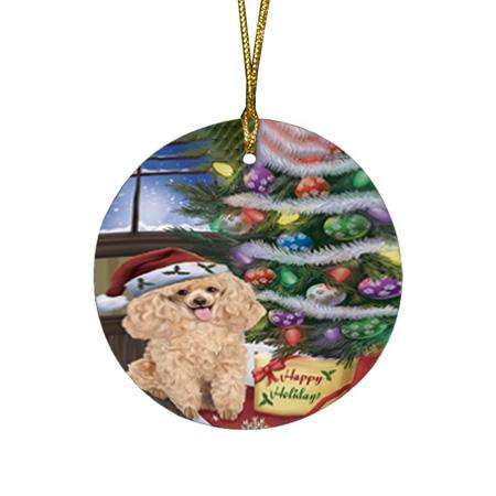 Christmas Happy Holidays Poodle Dog with Tree and Presents Round Flat Christmas Ornament RFPOR53840