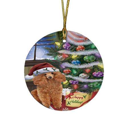 Christmas Happy Holidays Poodle Dog with Tree and Presents Round Flat Christmas Ornament RFPOR53841