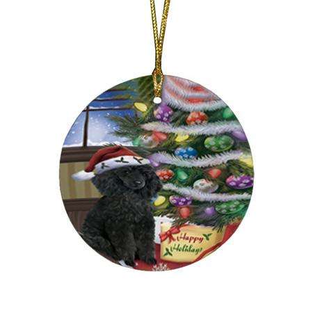 Christmas Happy Holidays Poodle Dog with Tree and Presents Round Flat Christmas Ornament RFPOR53842