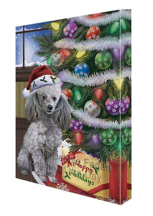 Christmas Happy Holidays Poodles Dog with Tree and Presents Canvas Wall Art
