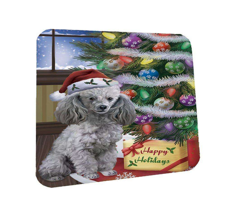 Christmas Happy Holidays Poodles Dog with Tree and Presents Coasters Set of 4