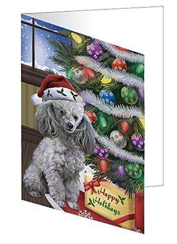 Christmas Happy Holidays Poodles Dog with Tree and Presents Handmade Artwork Assorted Pets Greeting Cards and Note Cards with Envelopes for All Occasions and Holiday Seasons