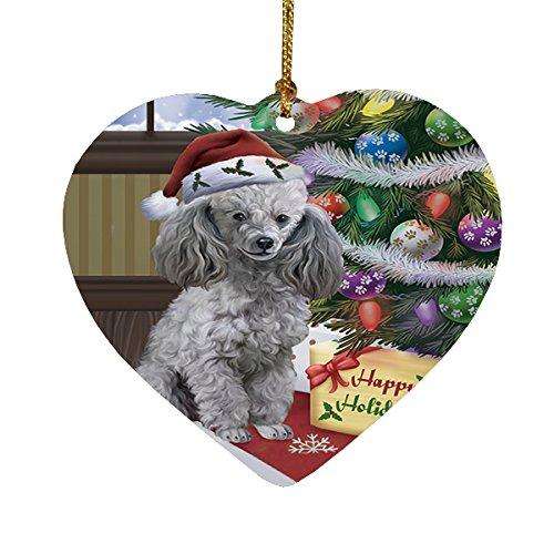 Christmas Happy Holidays Poodles Dog with Tree and Presents Heart Ornament