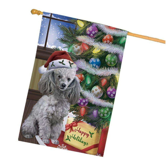 Christmas Happy Holidays Poodles Dog with Tree and Presents House Flag