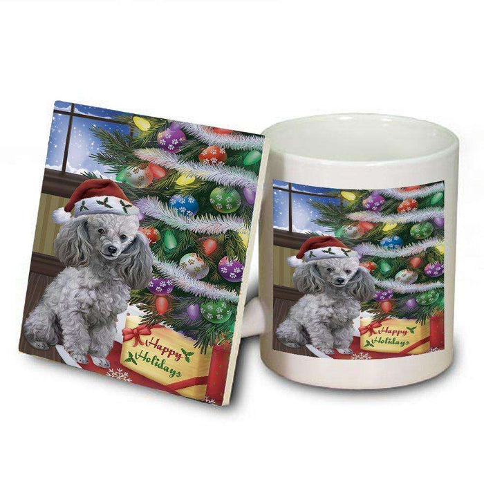 Christmas Happy Holidays Poodles Dog with Tree and Presents Mug and Coaster Set