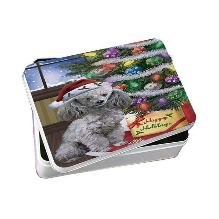 Christmas Happy Holidays Poodles Dog with Tree and Presents Photo Storage Tin