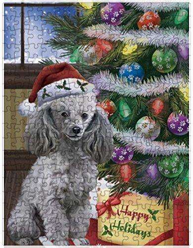 Christmas Happy Holidays Poodles Dog with Tree and Presents Puzzle with Photo Tin