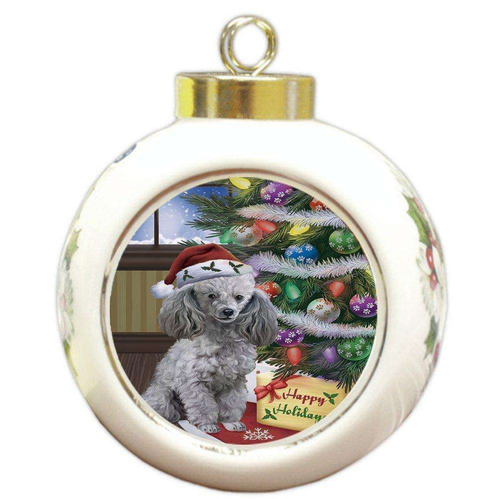 Christmas Happy Holidays Poodles Dog with Tree and Presents Round Ball Ornament