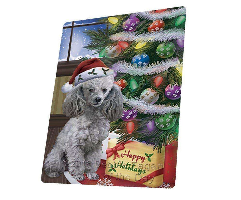 Christmas Happy Holidays Poodles Dog with Tree and Presents Tempered Cutting Board
