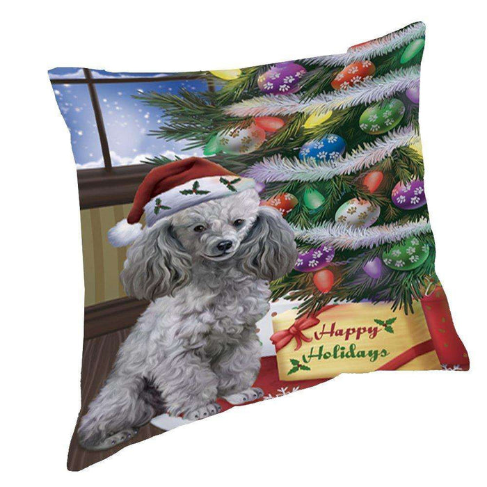 Christmas Happy Holidays Poodles Dog with Tree and Presents Throw Pillow