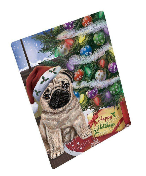 Christmas Happy Holidays Pug Dog with Tree and Presents Art Portrait Print Woven Throw Sherpa Plush Fleece Blanket