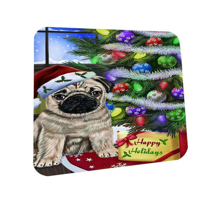 Christmas Happy Holidays Pug Dog with Tree and Presents Coasters Set of 4