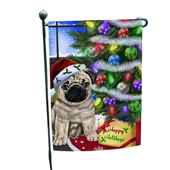 Christmas Happy Holidays Pug Dog with Tree and Presents Garden Flag