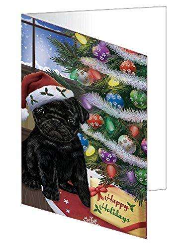 Christmas Happy Holidays Pug Dog with Tree and Presents Handmade Artwork Assorted Pets Greeting Cards and Note Cards with Envelopes for All Occasions and Holiday Seasons