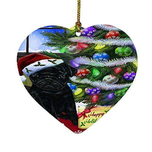 Christmas Happy Holidays Pug Dog with Tree and Presents Heart Ornament D070