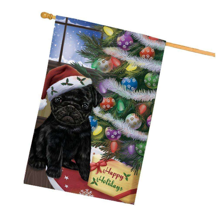 Christmas Happy Holidays Pug Dog with Tree and Presents House Flag