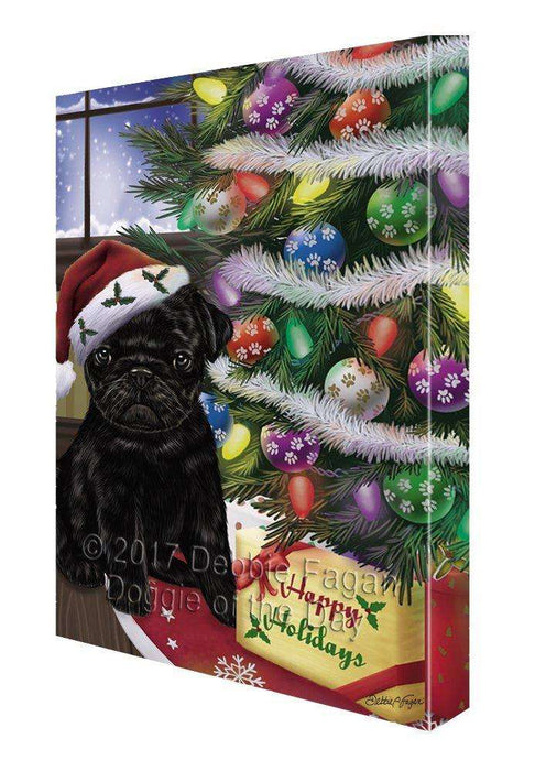Christmas Happy Holidays Pug Dog with Tree and Presents Painting Printed on Canvas Wall Art