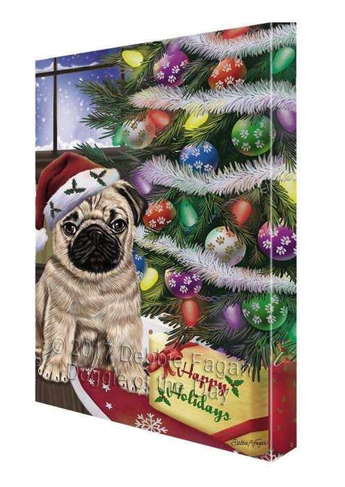 Christmas Happy Holidays Pug Dog with Tree and Presents Painting Printed on Canvas Wall Art