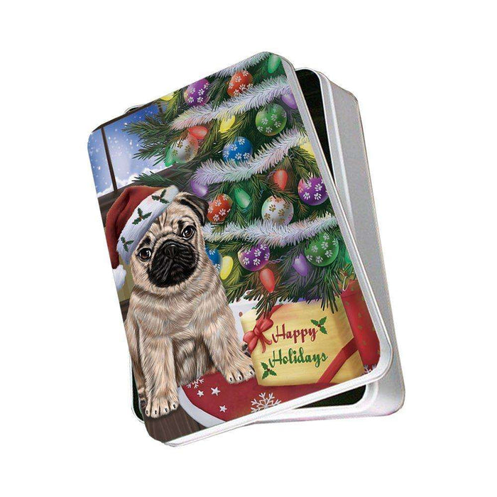 Christmas Happy Holidays Pug Dog with Tree and Presents Photo Storage Tin