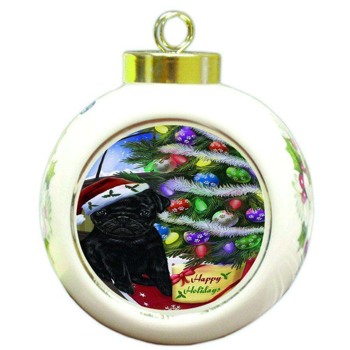 Christmas Happy Holidays Pug Dog with Tree and Presents Round Ball Ornament D070