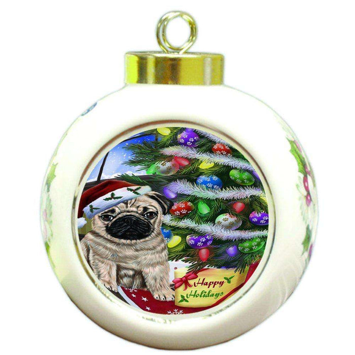Christmas Happy Holidays Pug Dog with Tree and Presents Round Ball Ornament D071