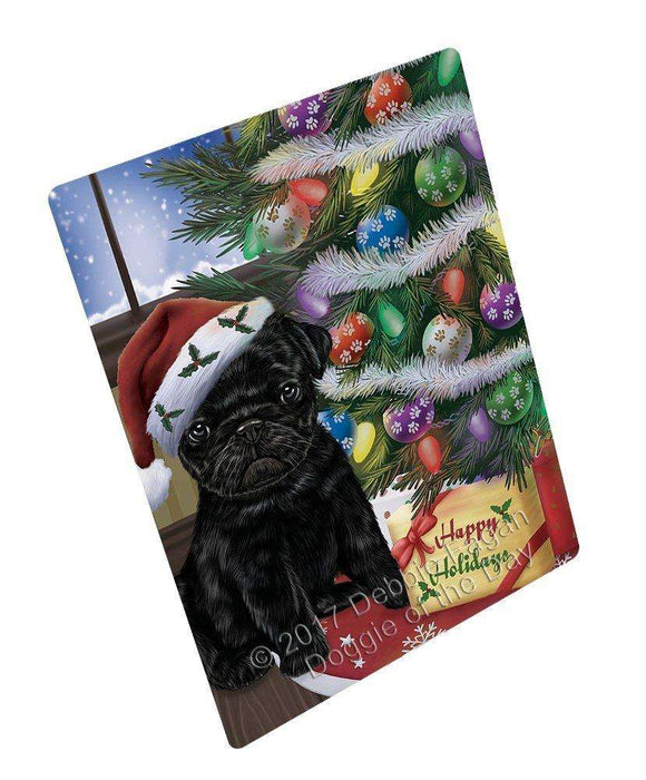 Christmas Happy Holidays Pug Dog with Tree and Presents Tempered Cutting Board (Small)