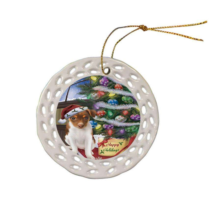 Christmas Happy Holidays Rat Terrier Dog with Tree and Presents Ceramic Doily Ornament DPOR53852