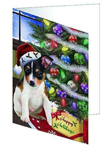 Christmas Happy Holidays Rat Terrier Dog with Tree and Presents Handmade Artwork Assorted Pets Greeting Cards and Note Cards with Envelopes for All Occasions and Holiday Seasons GCD010