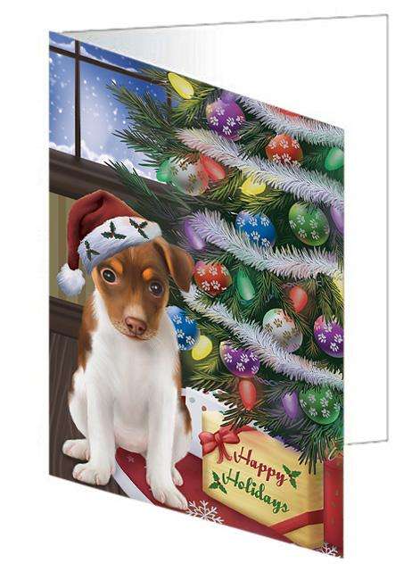 Christmas Happy Holidays Rat Terrier Dog with Tree and Presents Handmade Artwork Assorted Pets Greeting Cards and Note Cards with Envelopes for All Occasions and Holiday Seasons GCD65585