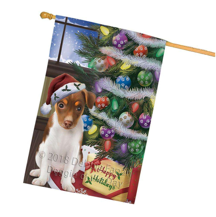 Christmas Happy Holidays Rat Terrier Dog with Tree and Presents House Flag FLG54050