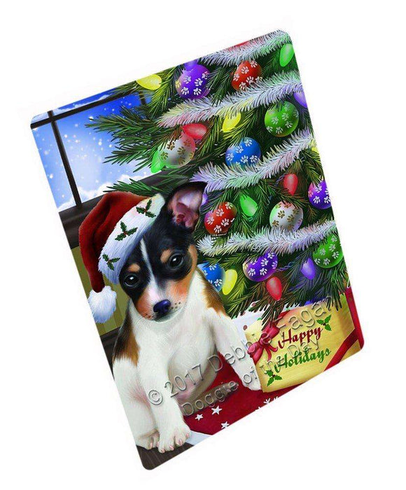 Christmas Happy Holidays Rat Terrier Dog with Tree and Presents Large Refrigerator / Dishwasher Magnet D003