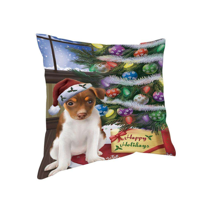 Christmas Happy Holidays Rat Terrier Dog with Tree and Presents Pillow PIL72032