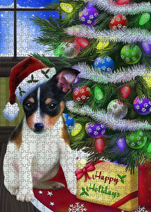 Christmas Happy Holidays Rat Terrier Dog with Tree and Presents Puzzle with Photo Tin PUZL006