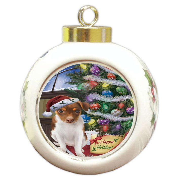 Christmas Happy Holidays Rat Terrier Dog with Tree and Presents Round Ball Christmas Ornament RBPOR53852