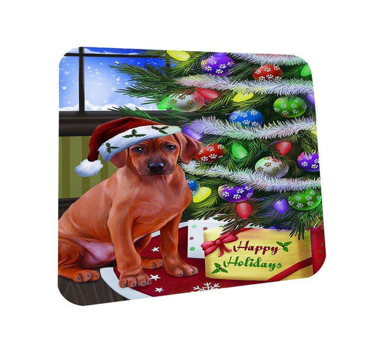 Christmas Happy Holidays Rhodesian Ridgebacks Dog with Tree and Presents Coasters Set of 4